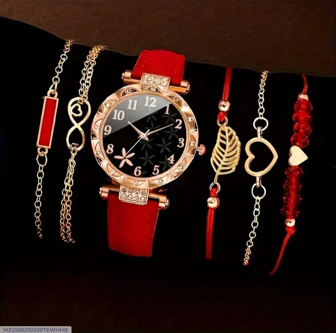 Women's Red Leather Watch With Bracelet
