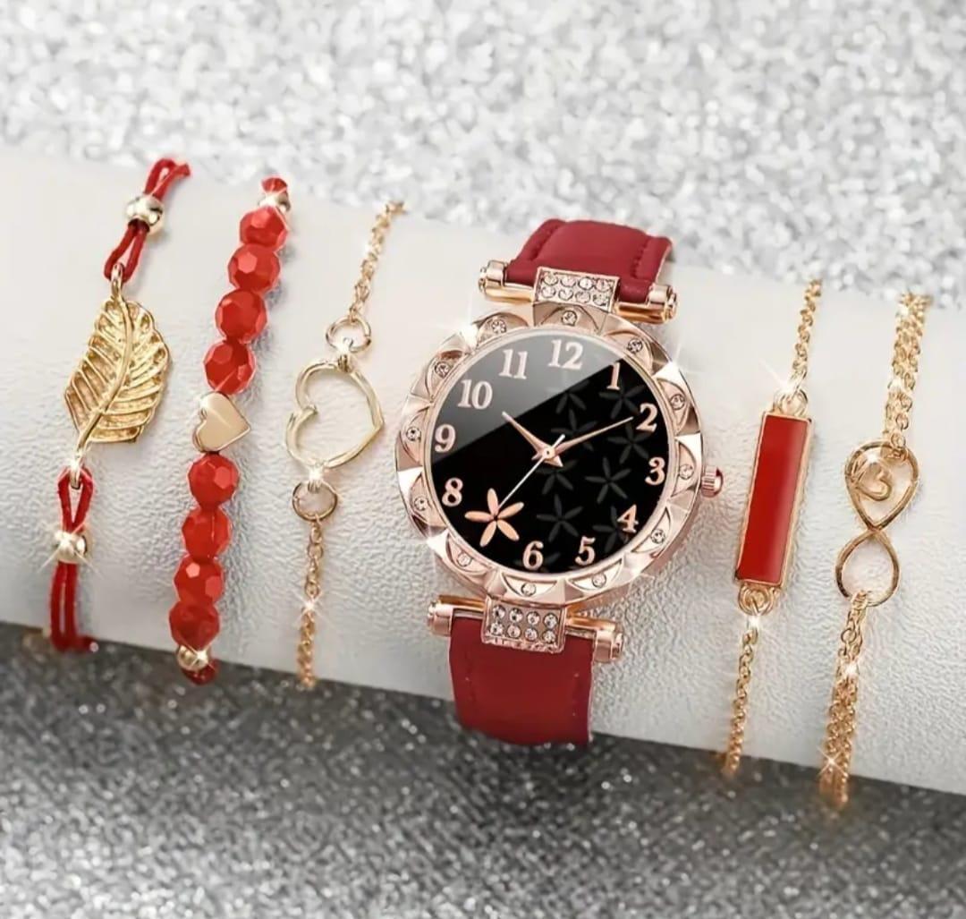 Women's Red Leather Watch With Bracelet