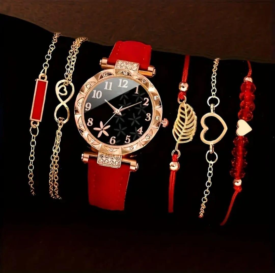 Women's Red Leather Watch With Bracelet