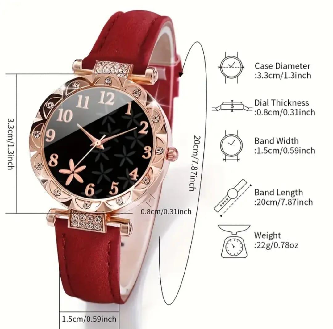 Women's Red Leather Watch With Bracelet